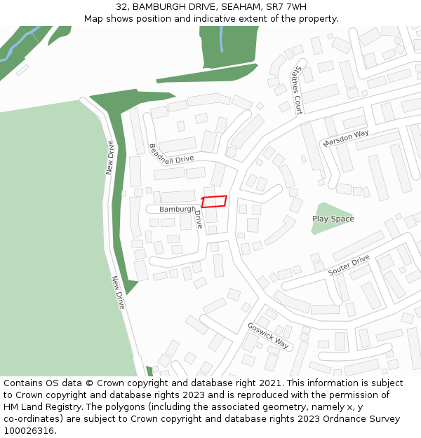 32, BAMBURGH DRIVE, SEAHAM, SR7 7WH: Location map and indicative extent of plot