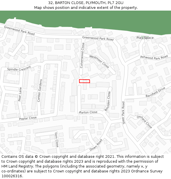 32, BARTON CLOSE, PLYMOUTH, PL7 2GU: Location map and indicative extent of plot