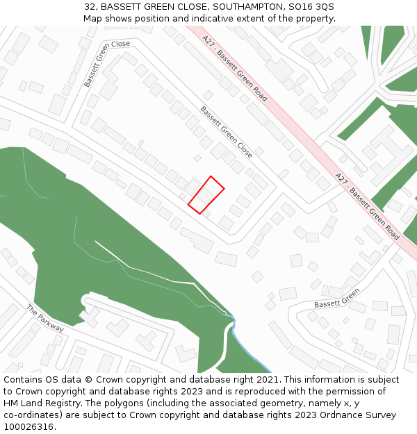 32, BASSETT GREEN CLOSE, SOUTHAMPTON, SO16 3QS: Location map and indicative extent of plot