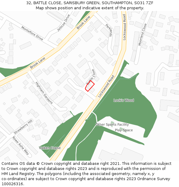 32, BATTLE CLOSE, SARISBURY GREEN, SOUTHAMPTON, SO31 7ZF: Location map and indicative extent of plot