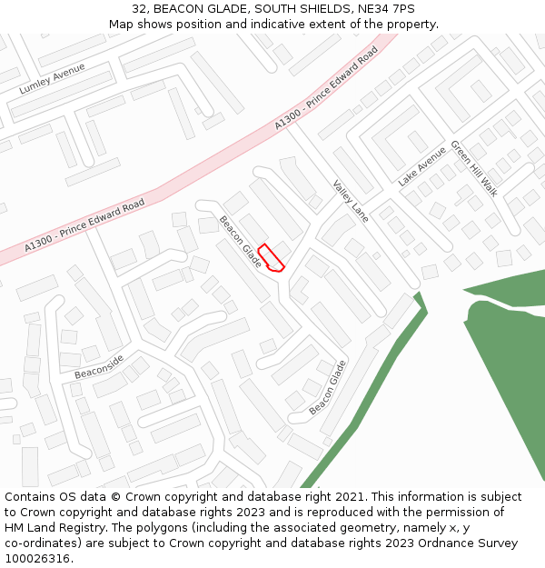 32, BEACON GLADE, SOUTH SHIELDS, NE34 7PS: Location map and indicative extent of plot