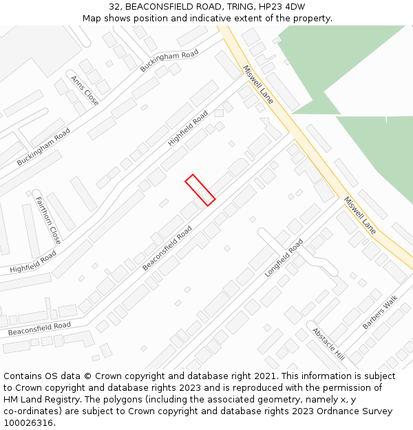 32, BEACONSFIELD ROAD, TRING, HP23 4DW: Location map and indicative extent of plot