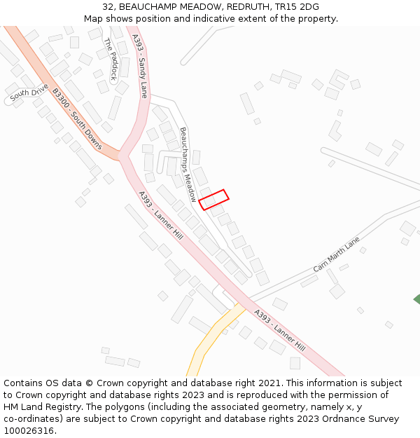 32, BEAUCHAMP MEADOW, REDRUTH, TR15 2DG: Location map and indicative extent of plot