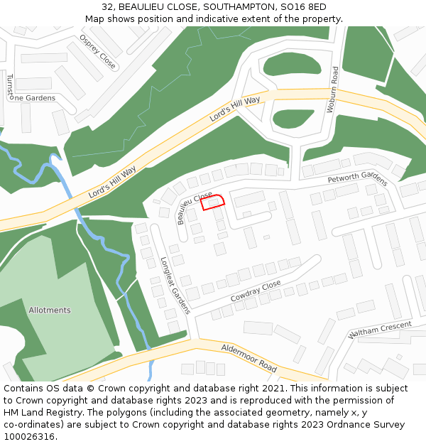 32, BEAULIEU CLOSE, SOUTHAMPTON, SO16 8ED: Location map and indicative extent of plot