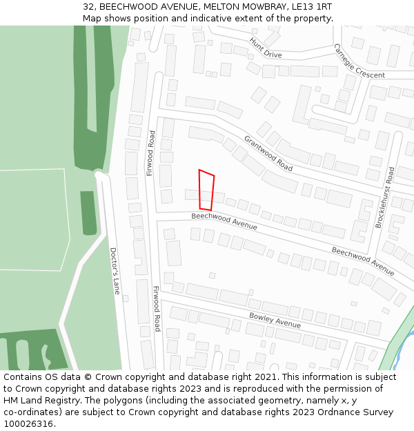 32, BEECHWOOD AVENUE, MELTON MOWBRAY, LE13 1RT: Location map and indicative extent of plot