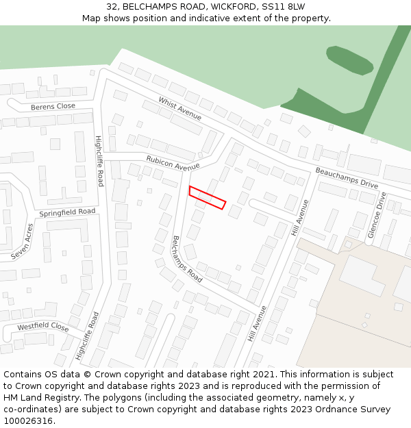 32, BELCHAMPS ROAD, WICKFORD, SS11 8LW: Location map and indicative extent of plot