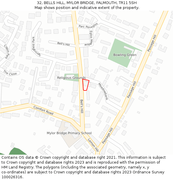 32, BELLS HILL, MYLOR BRIDGE, FALMOUTH, TR11 5SH: Location map and indicative extent of plot