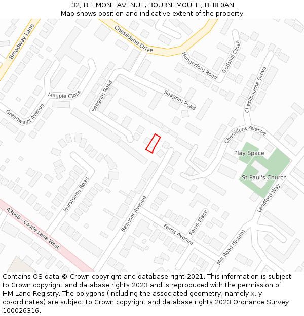 32, BELMONT AVENUE, BOURNEMOUTH, BH8 0AN: Location map and indicative extent of plot