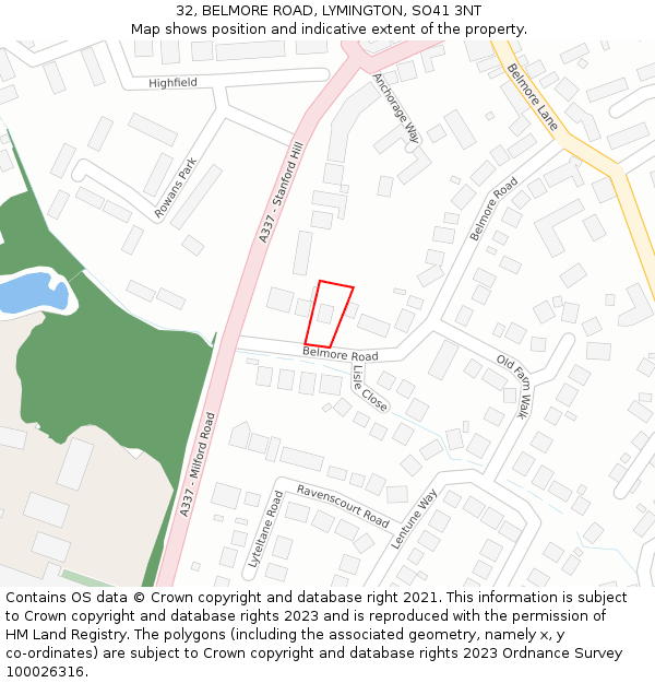 32, BELMORE ROAD, LYMINGTON, SO41 3NT: Location map and indicative extent of plot