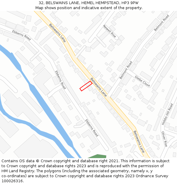 32, BELSWAINS LANE, HEMEL HEMPSTEAD, HP3 9PW: Location map and indicative extent of plot