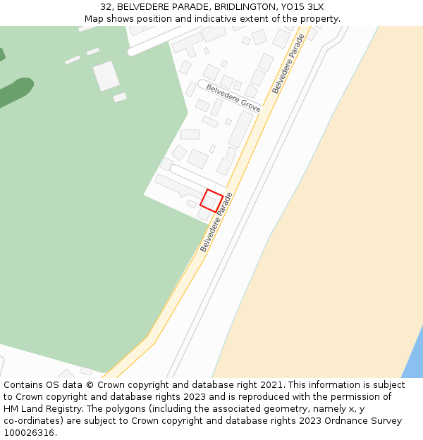 32, BELVEDERE PARADE, BRIDLINGTON, YO15 3LX: Location map and indicative extent of plot