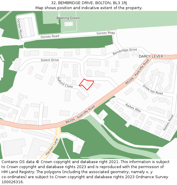 32, BEMBRIDGE DRIVE, BOLTON, BL3 1RJ: Location map and indicative extent of plot