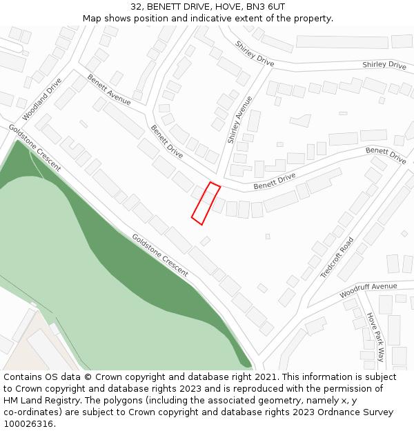32, BENETT DRIVE, HOVE, BN3 6UT: Location map and indicative extent of plot