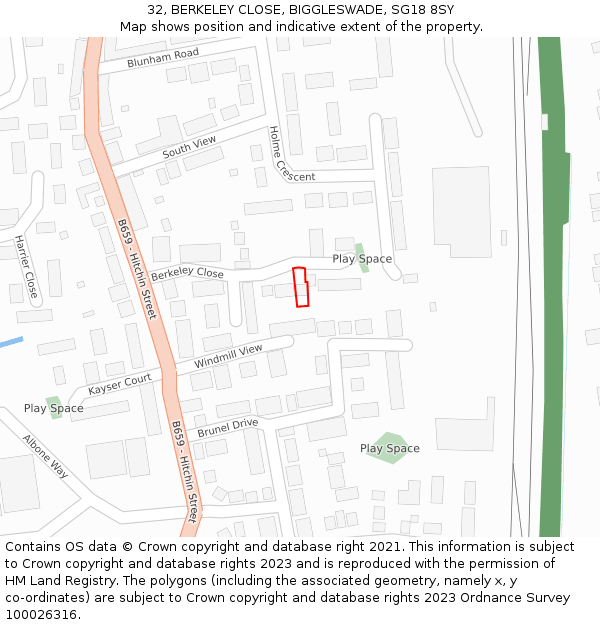 32, BERKELEY CLOSE, BIGGLESWADE, SG18 8SY: Location map and indicative extent of plot