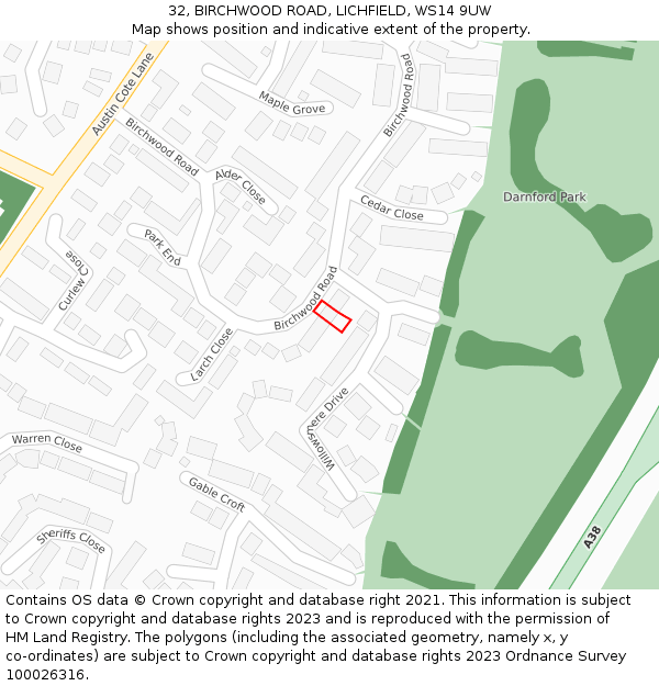 32, BIRCHWOOD ROAD, LICHFIELD, WS14 9UW: Location map and indicative extent of plot