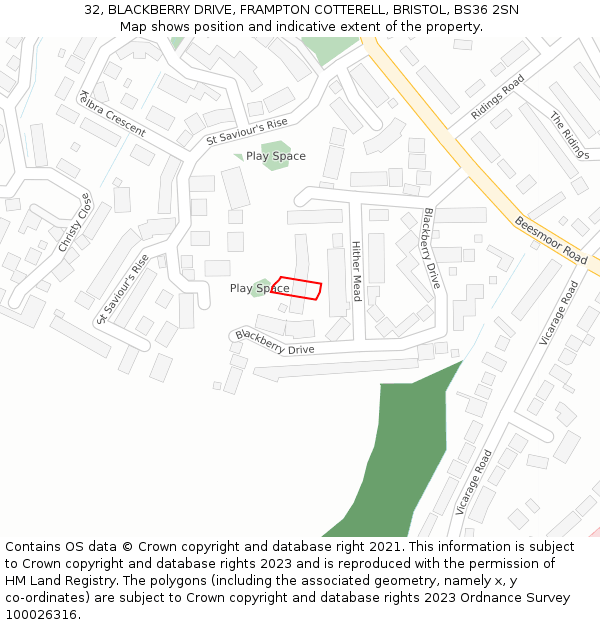 32, BLACKBERRY DRIVE, FRAMPTON COTTERELL, BRISTOL, BS36 2SN: Location map and indicative extent of plot