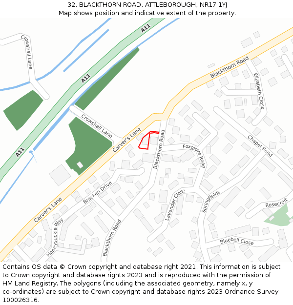 32, BLACKTHORN ROAD, ATTLEBOROUGH, NR17 1YJ: Location map and indicative extent of plot