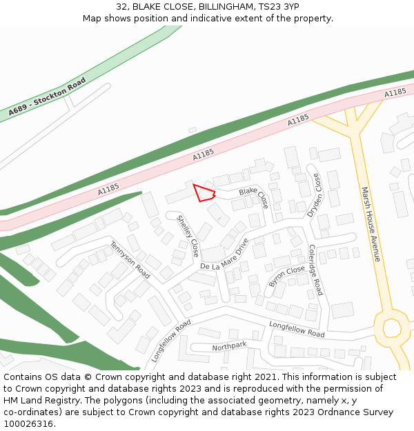 32, BLAKE CLOSE, BILLINGHAM, TS23 3YP: Location map and indicative extent of plot