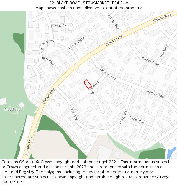 32, BLAKE ROAD, STOWMARKET, IP14 1UA: Location map and indicative extent of plot