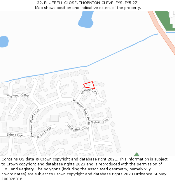 32, BLUEBELL CLOSE, THORNTON-CLEVELEYS, FY5 2ZJ: Location map and indicative extent of plot