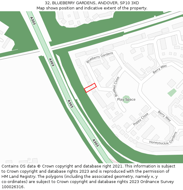 32, BLUEBERRY GARDENS, ANDOVER, SP10 3XD: Location map and indicative extent of plot