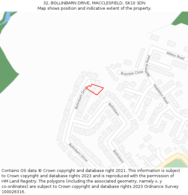 32, BOLLINBARN DRIVE, MACCLESFIELD, SK10 3DN: Location map and indicative extent of plot