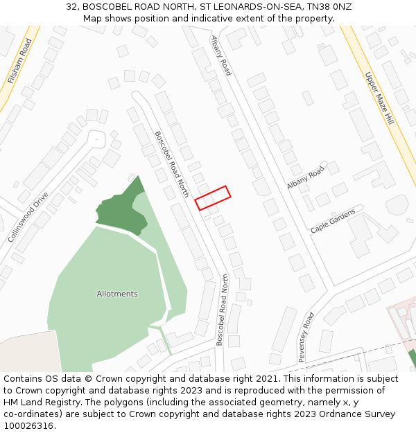 32, BOSCOBEL ROAD NORTH, ST LEONARDS-ON-SEA, TN38 0NZ: Location map and indicative extent of plot