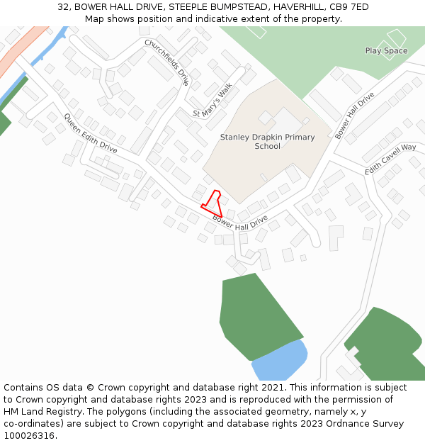 32, BOWER HALL DRIVE, STEEPLE BUMPSTEAD, HAVERHILL, CB9 7ED: Location map and indicative extent of plot