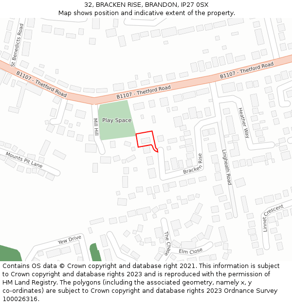 32, BRACKEN RISE, BRANDON, IP27 0SX: Location map and indicative extent of plot