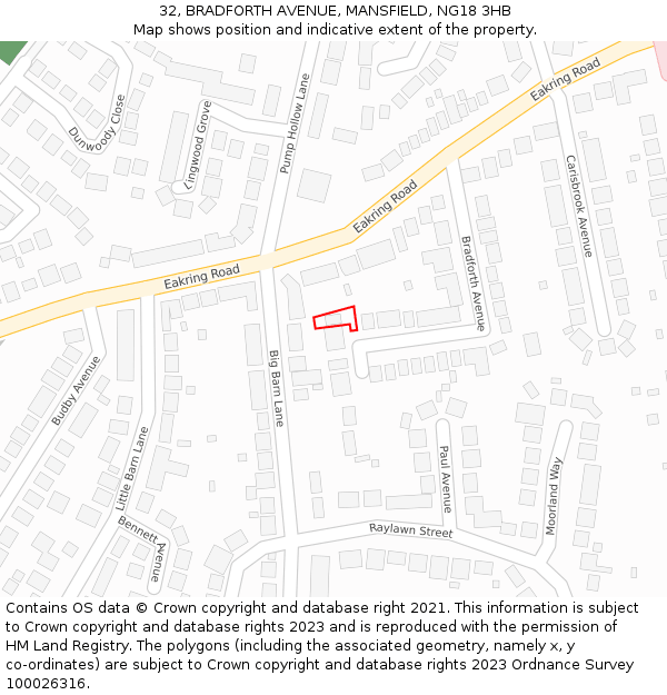 32, BRADFORTH AVENUE, MANSFIELD, NG18 3HB: Location map and indicative extent of plot