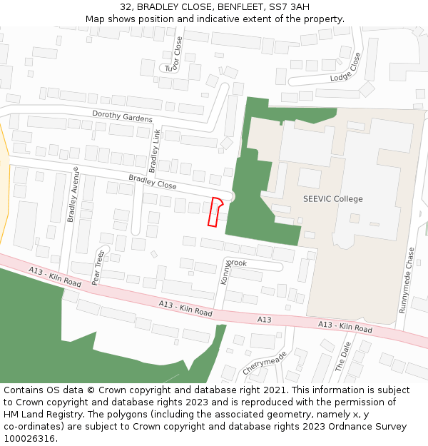 32, BRADLEY CLOSE, BENFLEET, SS7 3AH: Location map and indicative extent of plot