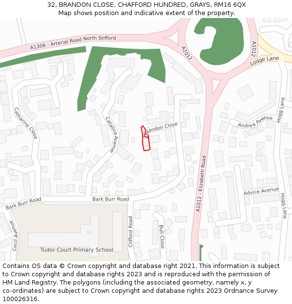 32, BRANDON CLOSE, CHAFFORD HUNDRED, GRAYS, RM16 6QX: Location map and indicative extent of plot