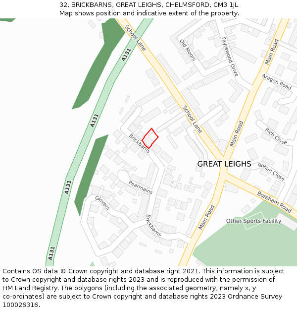 32, BRICKBARNS, GREAT LEIGHS, CHELMSFORD, CM3 1JL: Location map and indicative extent of plot