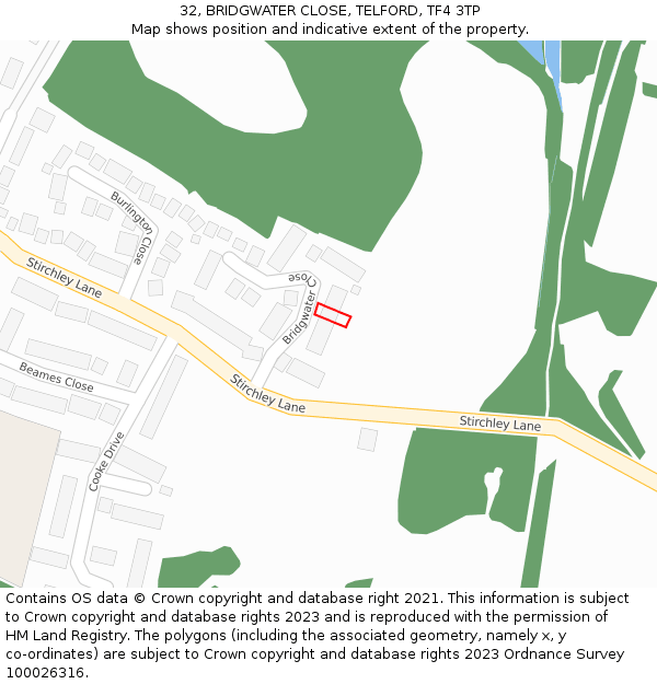 32, BRIDGWATER CLOSE, TELFORD, TF4 3TP: Location map and indicative extent of plot