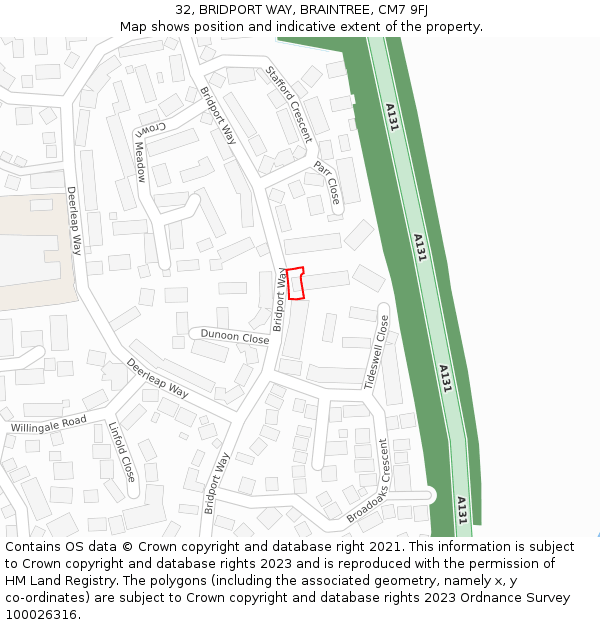 32, BRIDPORT WAY, BRAINTREE, CM7 9FJ: Location map and indicative extent of plot