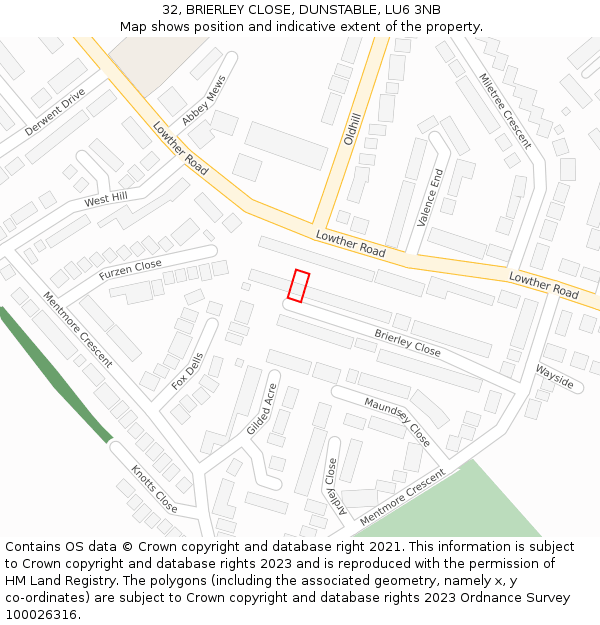 32, BRIERLEY CLOSE, DUNSTABLE, LU6 3NB: Location map and indicative extent of plot