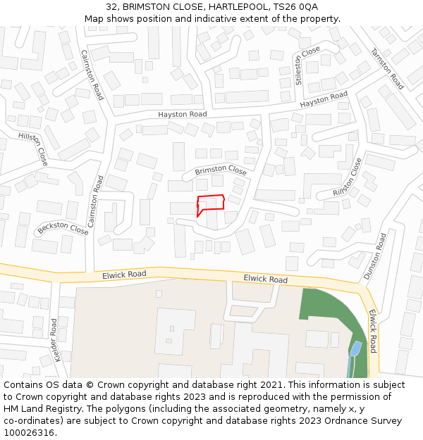 32, BRIMSTON CLOSE, HARTLEPOOL, TS26 0QA: Location map and indicative extent of plot