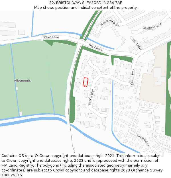 32, BRISTOL WAY, SLEAFORD, NG34 7AE: Location map and indicative extent of plot