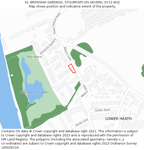 32, BRITANNIA GARDENS, STOURPORT-ON-SEVERN, DY13 9NZ: Location map and indicative extent of plot