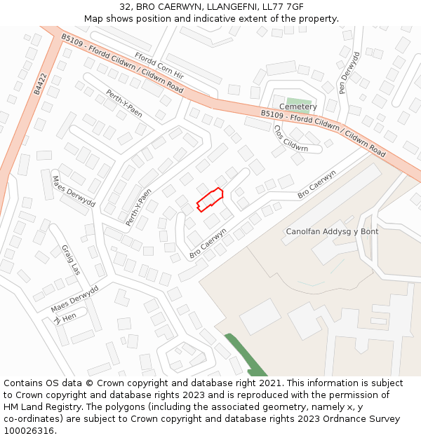 32, BRO CAERWYN, LLANGEFNI, LL77 7GF: Location map and indicative extent of plot