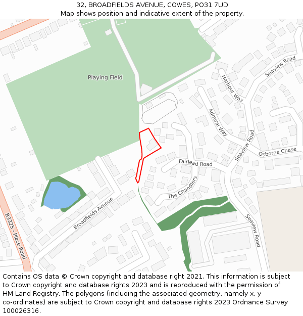 32, BROADFIELDS AVENUE, COWES, PO31 7UD: Location map and indicative extent of plot