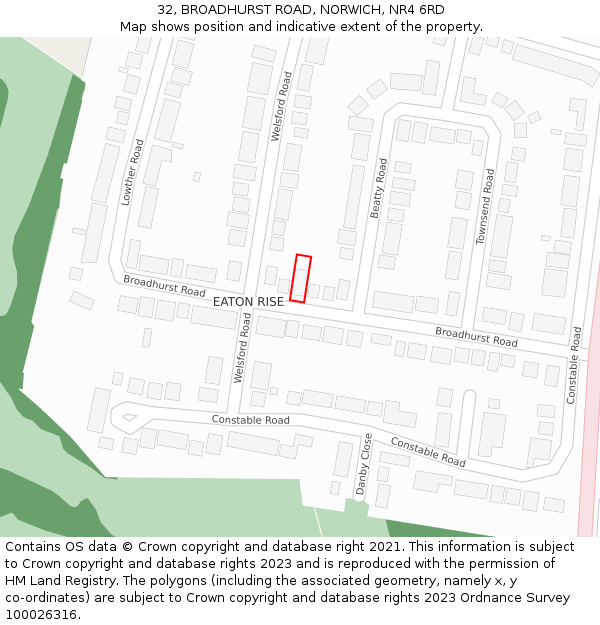 32, BROADHURST ROAD, NORWICH, NR4 6RD: Location map and indicative extent of plot