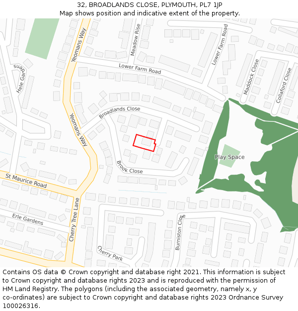 32, BROADLANDS CLOSE, PLYMOUTH, PL7 1JP: Location map and indicative extent of plot