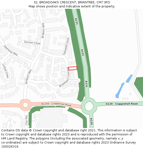 32, BROADOAKS CRESCENT, BRAINTREE, CM7 9FD: Location map and indicative extent of plot