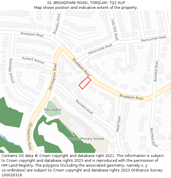 32, BROADPARK ROAD, TORQUAY, TQ2 6UP: Location map and indicative extent of plot