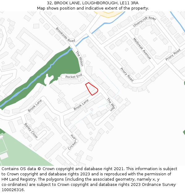 32, BROOK LANE, LOUGHBOROUGH, LE11 3RA: Location map and indicative extent of plot