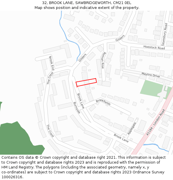 32, BROOK LANE, SAWBRIDGEWORTH, CM21 0EL: Location map and indicative extent of plot