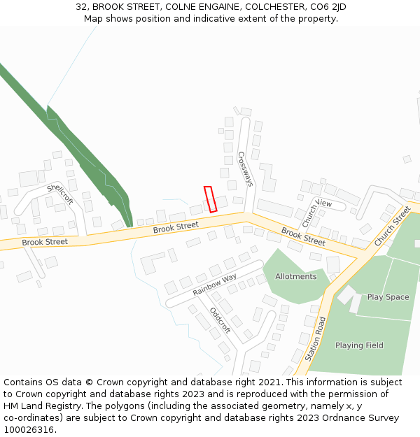 32, BROOK STREET, COLNE ENGAINE, COLCHESTER, CO6 2JD: Location map and indicative extent of plot