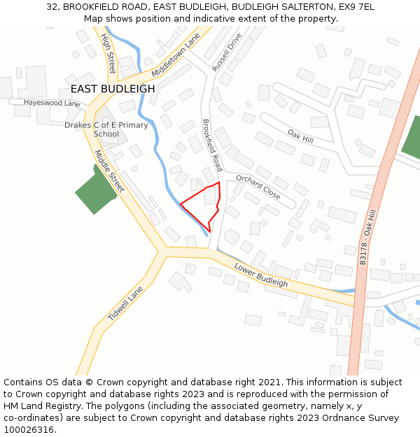 32, BROOKFIELD ROAD, EAST BUDLEIGH, BUDLEIGH SALTERTON, EX9 7EL: Location map and indicative extent of plot