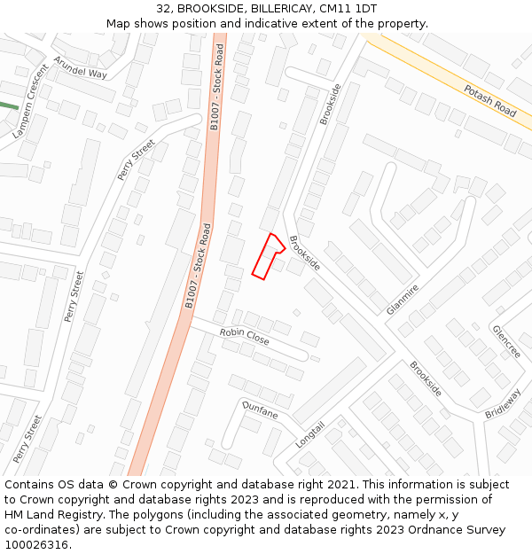 32, BROOKSIDE, BILLERICAY, CM11 1DT: Location map and indicative extent of plot